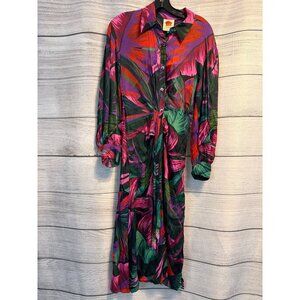 Farm Rio Bead Embellished Printed Twill Midi Shirt Dress Size M